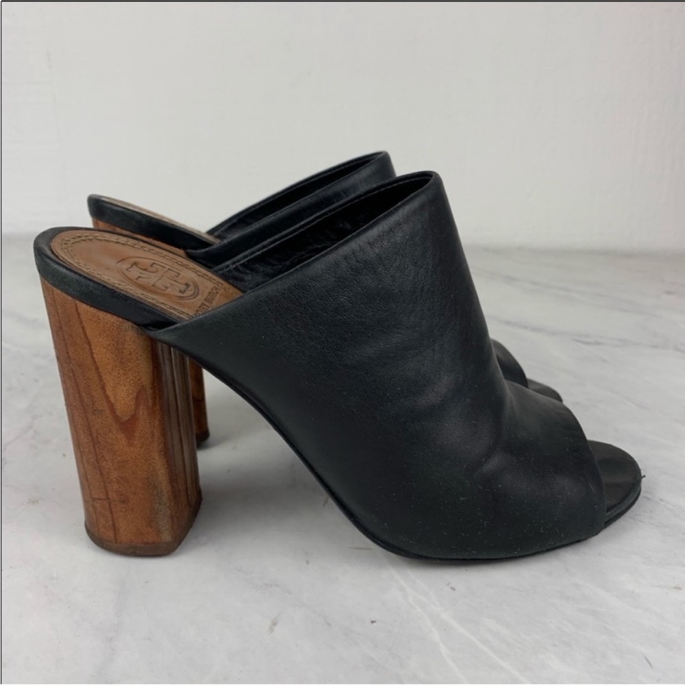 Tory Burch Raya Black Leather Peep Toe Mules 6
